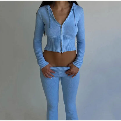 Ribbed Knit Tracksuit – Slim Hooded Crop Top & High-Waist Flare Pants (2-Piece Set)