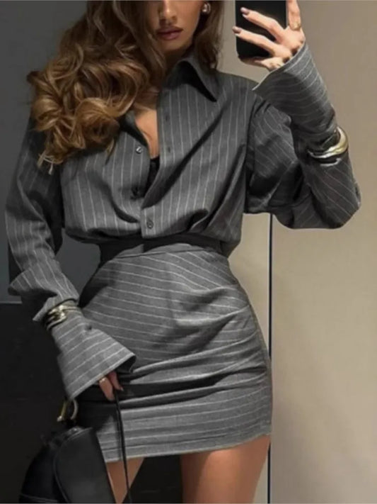 Spring And Summer New Fashion Striped Top Short Skirt Two-piece Set Simple Casual Temperament Elegant Short Skirt Sets Women