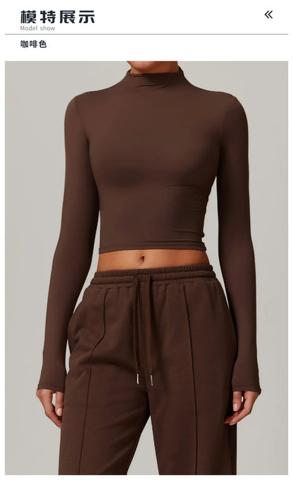 Women Clothes Yoga Set Long Sleeve High Neck Slim Shirt Top with High Waist Drawstring Sweatpants Sport Gym Running Fitness Suit