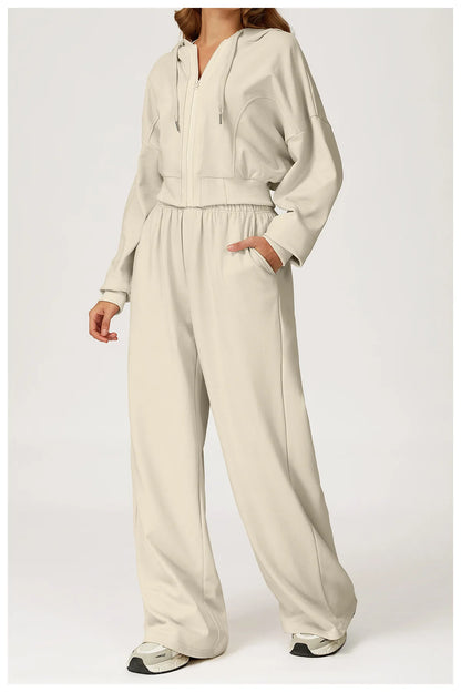 Winter 2-piece Sports Hoodie Set Women's Tracksuit Zipper Loose Long Sleeved Hooded Slimming Yoga Pants Set Running Fitness Set