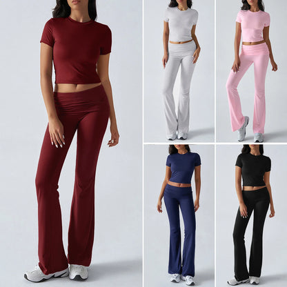 Women's Sexy Tops Suits 2025 Summer Latest Casual Solid Color Yoga Suit Slim Fit Sports Short Sleeved Pants Two-Piece Set Outfit