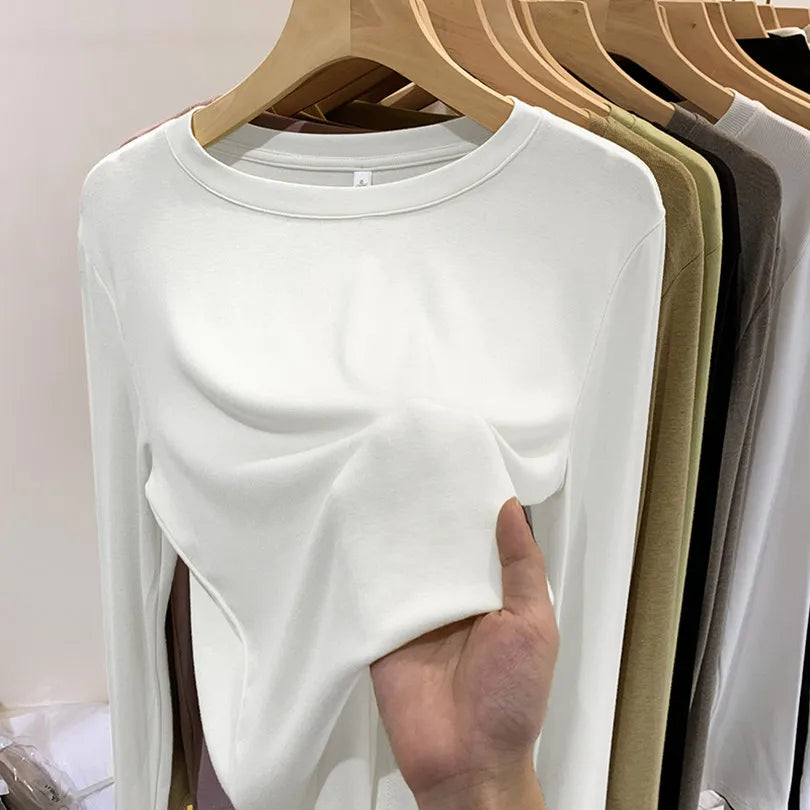 Fashion Long Sleeved T-shirt Women's Solid O-Neck Ice Silk Bottoming Shirt Spring Autumn New Pullover Simple Casual Tops