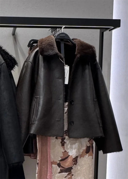 Women's Jacket 2025 Autumn/Winter New Arrivals Dark Brown Long-Sleeve Faux Leather Reversible Jacket Stylish and Unique