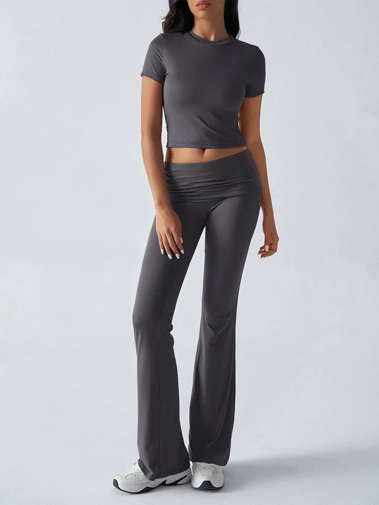 Women's Sexy Tops Suits 2025 Summer Latest Casual Solid Color Yoga Suit Slim Fit Sports Short Sleeved Pants Two-Piece Set Outfit