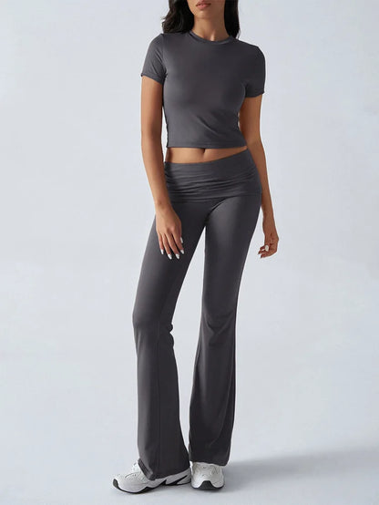 Women's Sexy Tops Suits 2025 Summer Latest Casual Solid Color Yoga Suit Slim Fit Sports Short Sleeved Pants Two-Piece Set Outfit